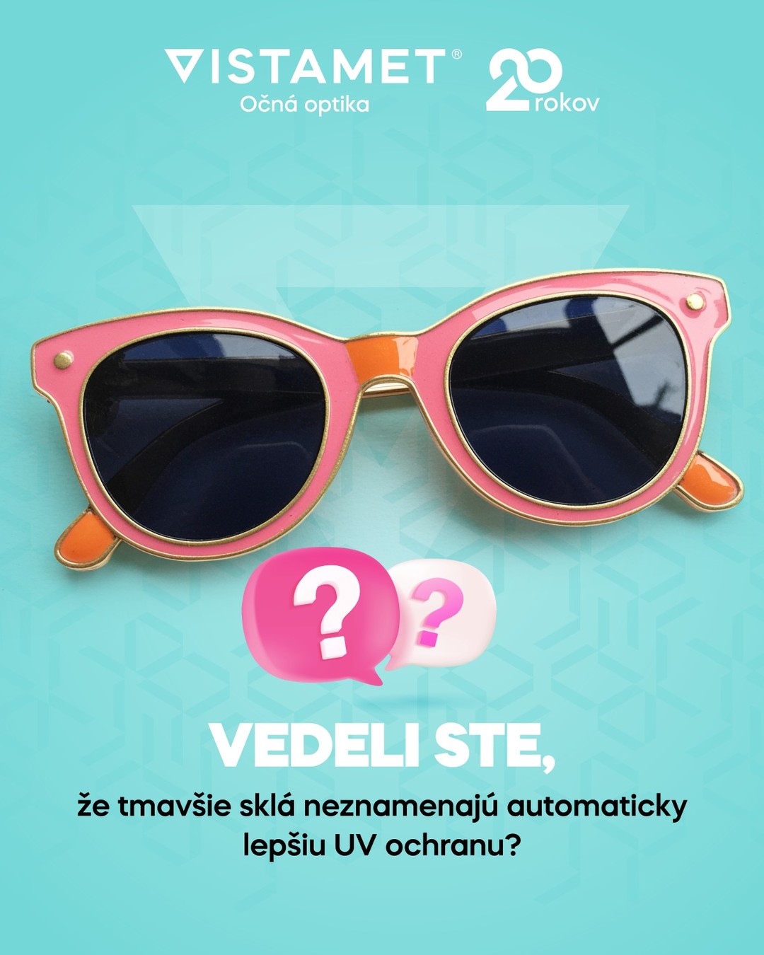 Pri výbere slnečných okuliarov nie je najdôležitejšia tmavosť skiel. Oveľa dôležitejšia je kvalitná UV ochrana a správne zvolený filter podľa toho, kde okuliare používate. Sila clony sa delí do kategórií a každá sa hodí na niečo iné:

⛅ Kategória 2: Ideálna na premenlivé počasie a bežné prechádzky mestom.
☀️ Kategória 3: Najuniverzálnejšia voľba na ostré letné slnko a plážovú dovolenku.
🏔️ Kategória 4: Extra tmavé filtre stvorené do hôr a do extrémnych slnečných podmienok. Pozor, za volant nepatria!

Chcete mať istotu, že vaše oči dostávajú správnu ochranu aj štýl?

👉Radi vám pomôžeme vybrať vhodné okuliare. Zastavte sa vo VISTAMET Optike.